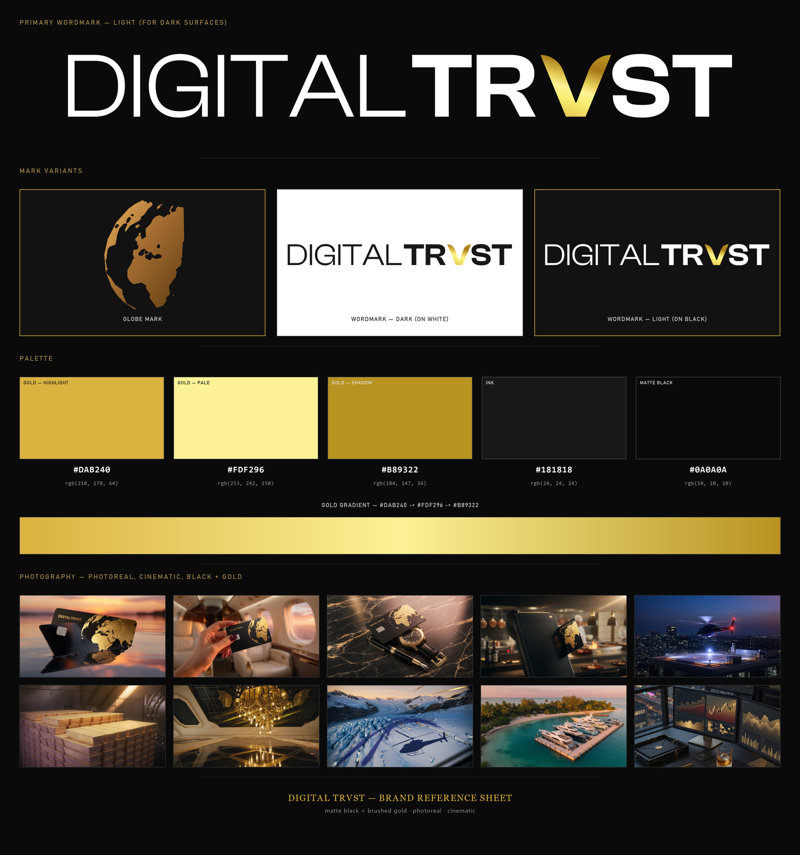 Digital Trvst one-image brand absorb sheet — all logo variants, palette, and type in a single composite