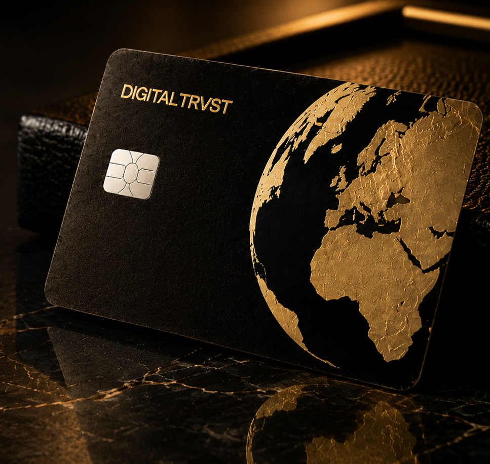 Digital Trvst official black metal card with embossed gold globe map, EMV chip, and carbon-weave wallet, studio photograph