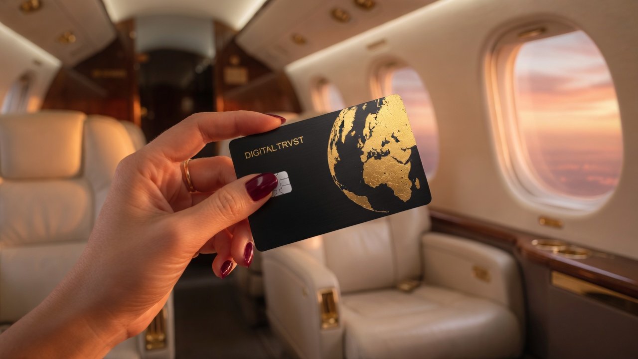 Digital Trvst official black card with gold globe, held in hand inside a private jet cabin at golden hour