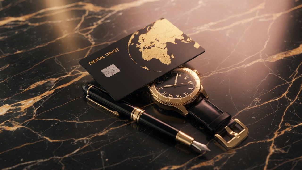 Digital Trvst black card with gold globe resting on black marble beside a gold luxury watch and fountain pen