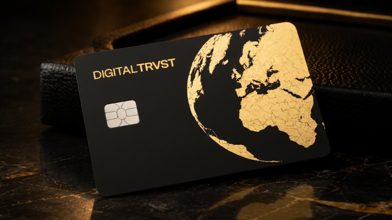 Digital Trvst black card with gold globe leaning against a black leather portfolio on dark marble
