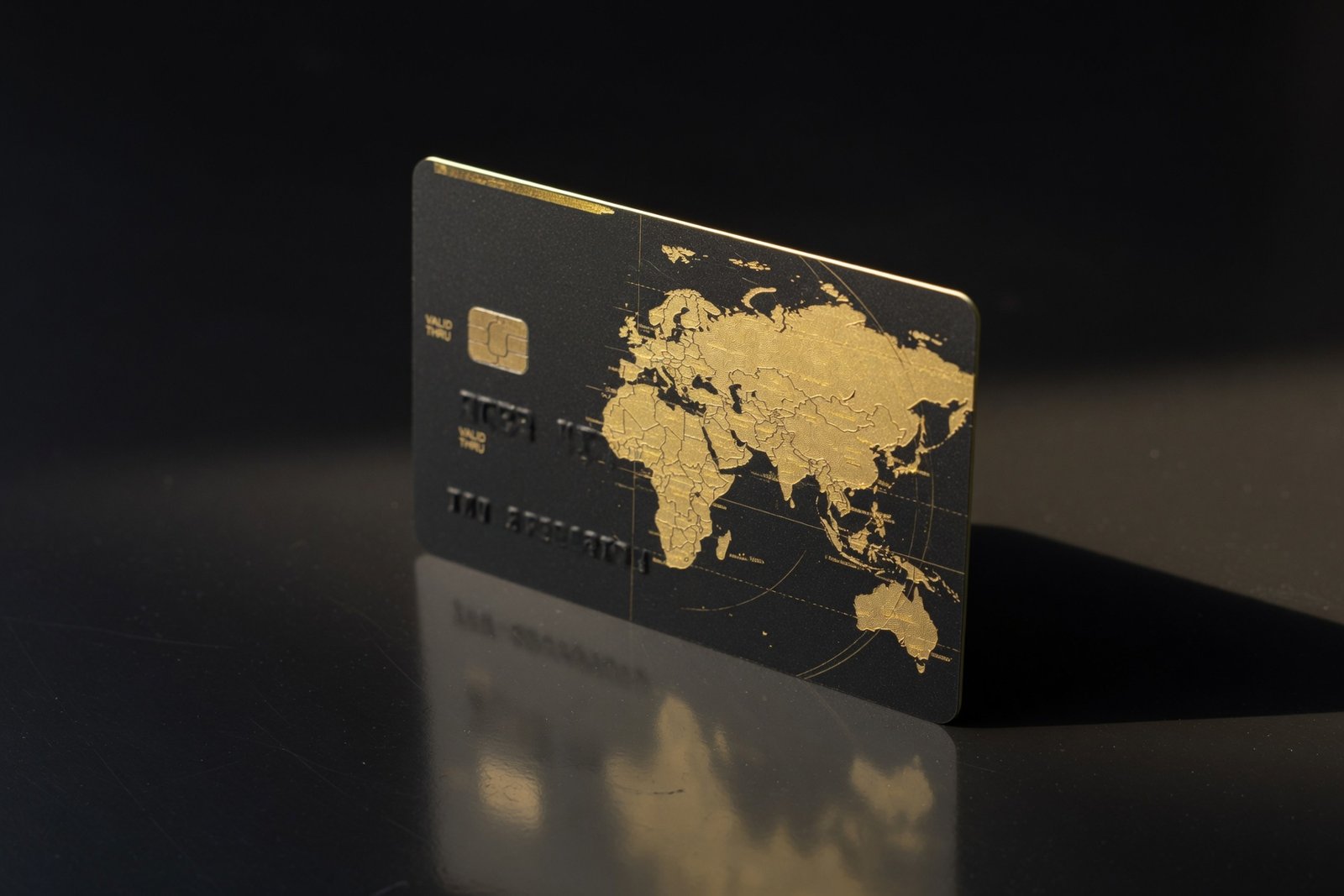 Digital Trvst black card with gold globe map standing upright on a dark reflective surface