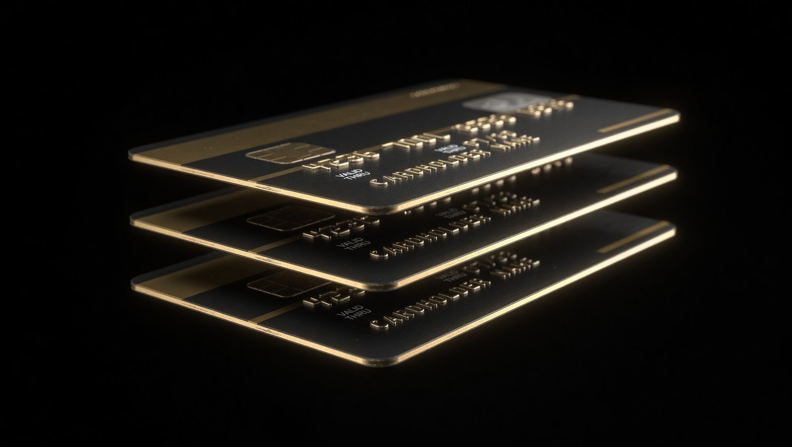 Three Digital Trvst style black and gold metal cards stacked and fanned on a black surface