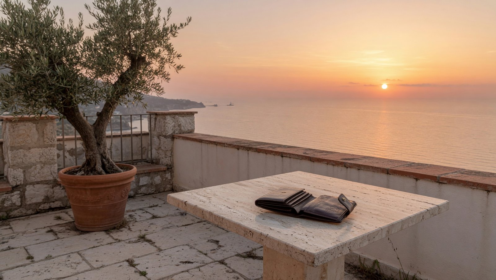 Leather wallet on a stone terrace table overlooking the Mediterranean coast at sunset, olive tree in foreground