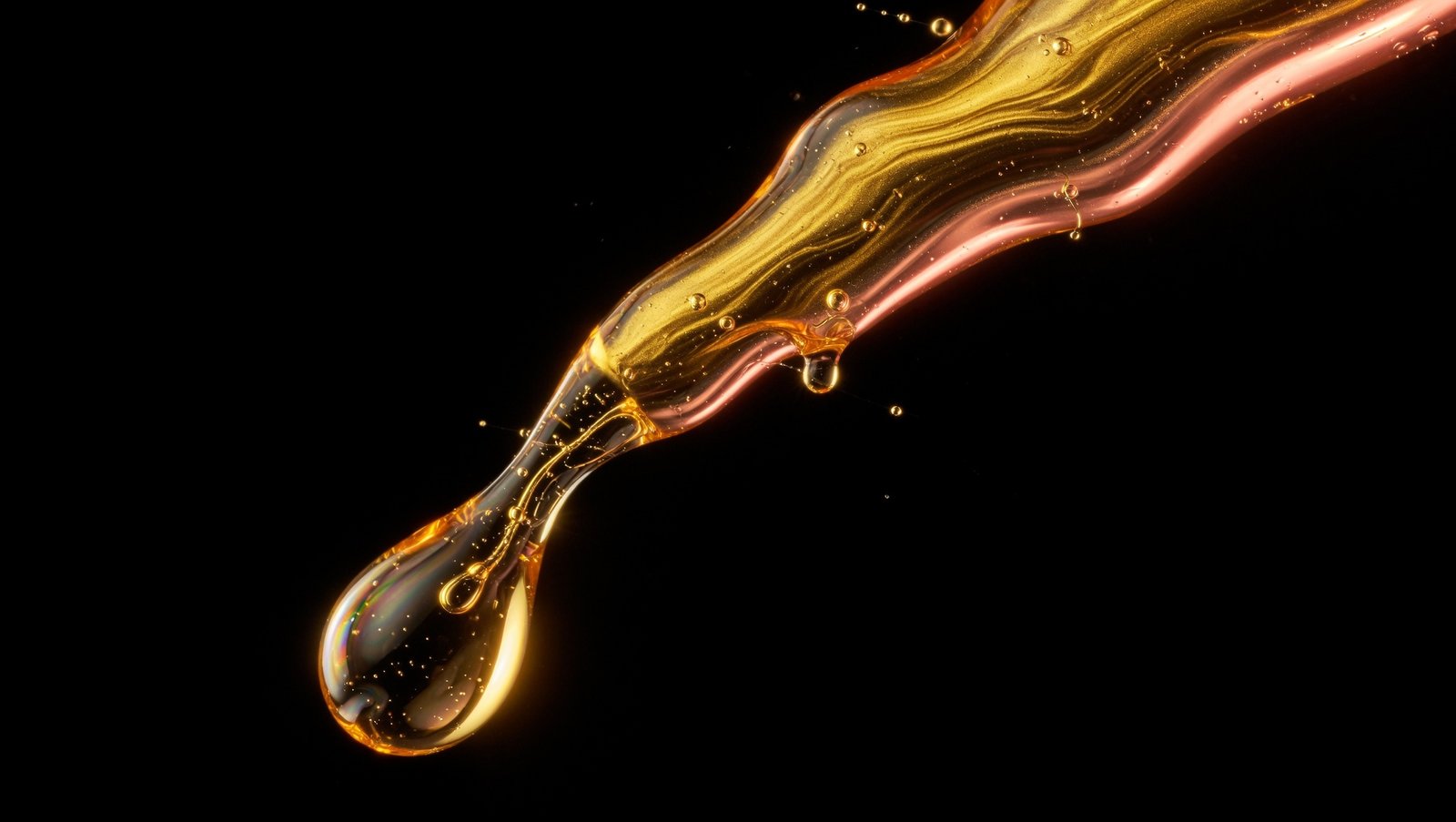 Abstract macro photograph of molten gold liquid swirling against a black background