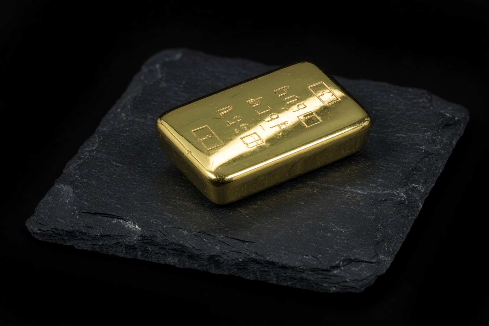 A gold bar with hallmark stamps resting on a black slate surface, studio lighting