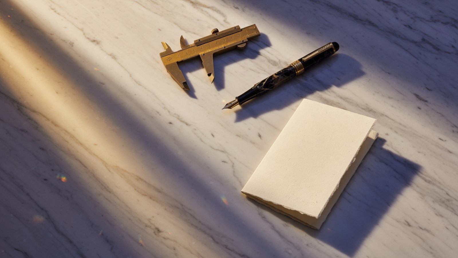 A brass caliper, fountain pen, and handmade notebook on a marble surface in warm side light