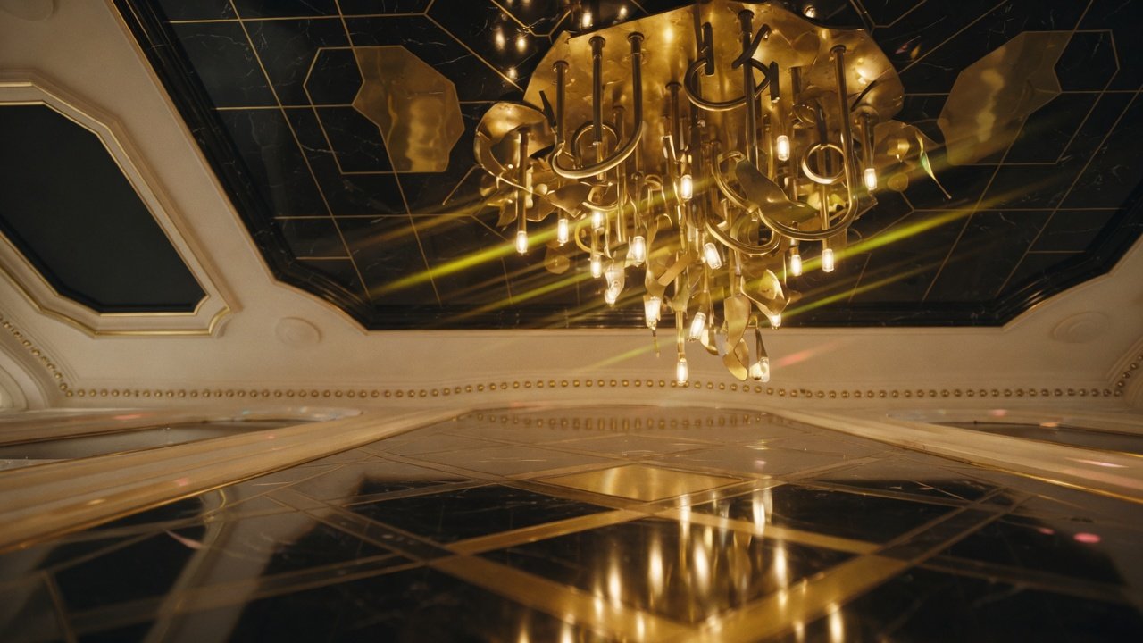 A gold chandelier reflected in a polished black marble lobby ceiling and floor